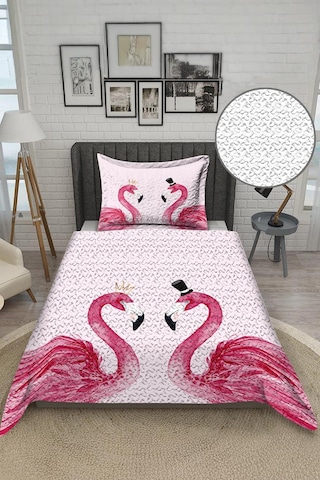 Flamingo Desenli Kadife Kumaş Kapitoneli Tek Kişilik Yatak Örtüsü Seti 2 Parça Tky0040 Çok Renkli