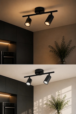 2'li Siyah Modern Şık Hareketli Ray Spot Aydınlatma Armatürü Başlıklı Tavan Spotu 50 Cm Mat Siyah