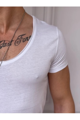 Modefendi Slim Fit Derin Açık Yaka Pamuklu Tshırt Beyaz