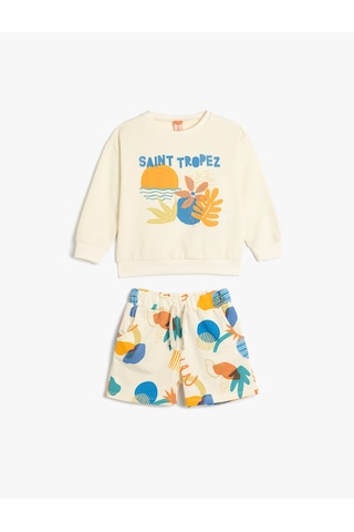 Koton Pamuklu Baskı Detaylı Şort Ve Sweatshirt Set Bej 5smb10002tk Ekru