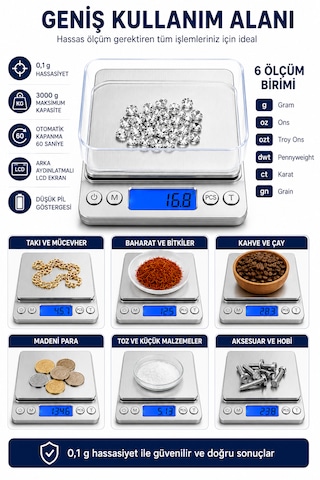 Dijital Hassas Mutfak Tartısı 3000 G Kapasiteli 0,1 G Hassasiyetli Lcd Ekranlı 6 Ölçüm Birimli Açık Gri