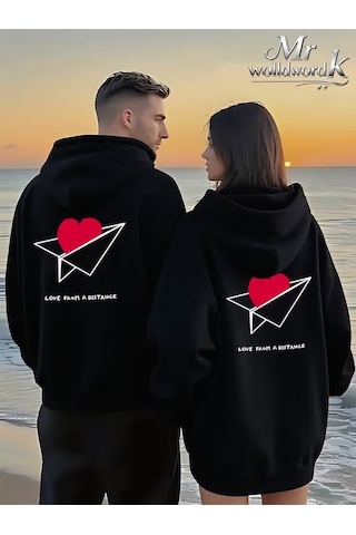 Nevermind Love From A Distance Sevgili Kombini Hoodie Unisex Oversize Kapüşonlu Sweatshirt 2 Li Set Siyah