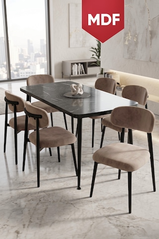Runes Serisi Mdf Sabit 80x130 Siyah Mermer Desen Mutfak Masası Takımı 6 Sandalye Siyah Mermer - Cappucino