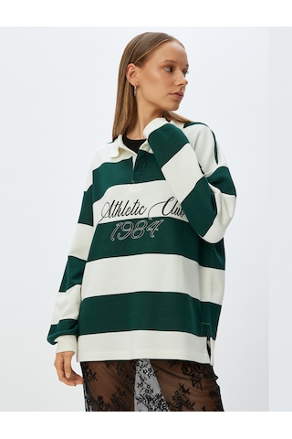 Koton Polo Yaka Sweatshirt Oversize Kolej Baskılı Renk Bloklu Şardonlu Yeşil Çizgili 5wal10214ık Yeşil