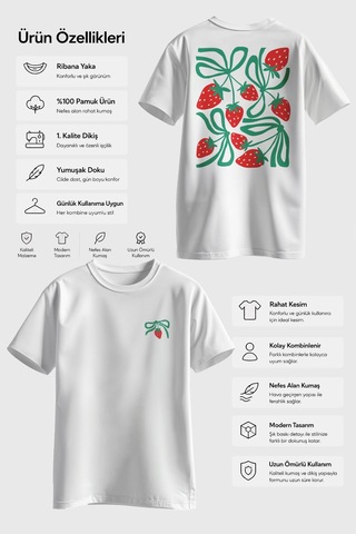 Spoyi Strawberry Bow Tasarımlı %100 Pamuk Yarım Oversize Beyaz T-shirt