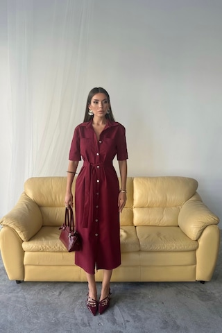 Dogutrend Tencel Önden Düğmeli Kısa Kol Elbise - Bordo