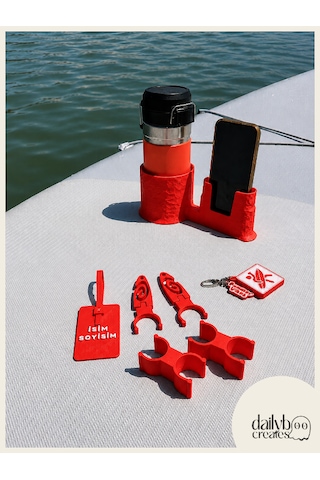 Sup Board Telefon Termos Tutucu Paddle Board Kano Aksesuar Seti Kürek Sabitleme + Organizer + Telefon & İçecek Tutucu + Charm Anahtarlık + Kişiye Özel İsimlik Kırmızı