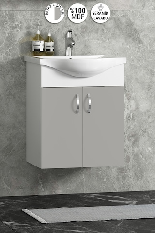 Yıldız 50 Cm Sis Gri Mdf Seramik Lavabolu Asma Alt Banyo Dolabı Beyaz-sis Gri