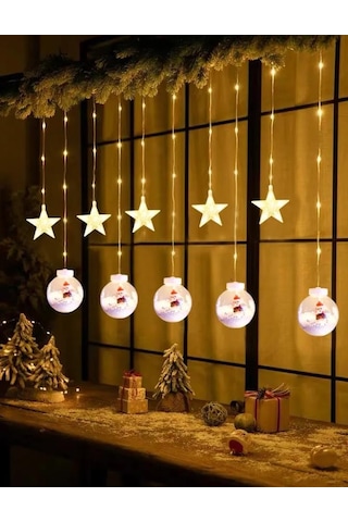 Ampul Noel Baba Ve Yıldız Figür Animasyonlu Sarkıt Perde Led Yılbaşı Parti Süs Işıkları Günışığı