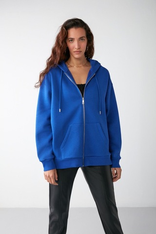 Grımelange Alena Kadın Basic Kanguru Cepli Oversize Organik Pamuk Fermuarlı Kapüşonlu Saks Mavi Sweatshirt