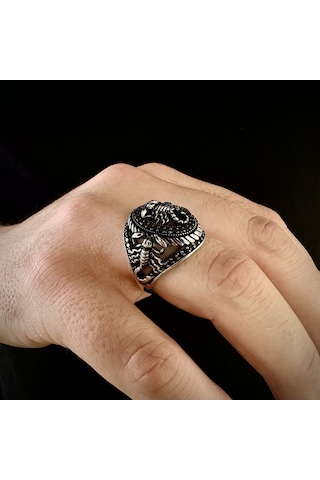 Gümüş Mikro Taşlı Akrep Tasarım Erkek Yüzük Gümüş