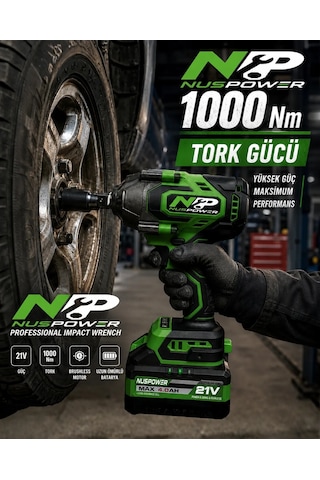 Nuspower Profesyonel 1000 Nm Akülü Darbeli Somun Sıkma Makinesi Kömürsüz Motor 21v Yeşil