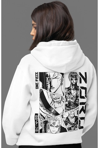 Sevbano One Piece Roronoa Zoro Anime Sırt Baskılı Unisex Oversize Penye H beyaz