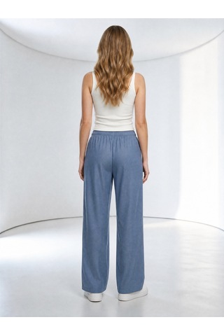 Nealirsanall.com Kadın Mavi Tencel Bol Paça Pantolon - Beli Bağcıklı Geniş Paça Pantolon