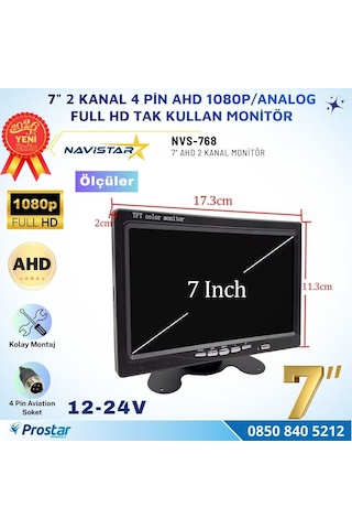 7 İnç 2 Kanal Full Hd Ahd/analog Tak Kullan Araç Monitörü Ayna Görüntüsü Ayarlı + Park Çizgisi 12-24v