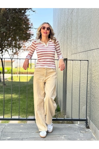 Polo Yaka Çizgili Kaşkorse Bluz - S504446 Çok Renkli