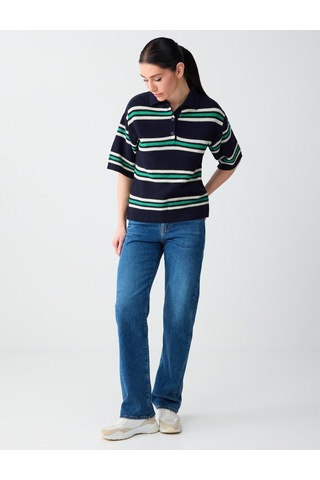 Jimmy Key Jimmy Key Lacivert Polo Yaka Kısa Kollu Çizgili Triko Bluz 6sw035688494