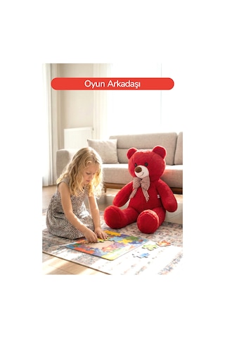 80 Cm Büyük Boy Yumuşak Papyonlu Oyuncak Ayıcık Kırmızı