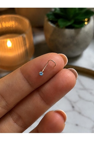 925 Ayar Gümüş Açık Mavi Taşlı Burun Hızması Piercing Minimal L Şekilli Unisex Nose Stud Gri