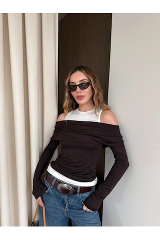 Laluvia Kahverengi Beyaz Atletli Kayık Yaka Bluz - 0780 Kahverengi