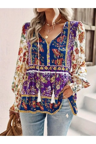 Nnstartshopping Kadın Uzun Kollu Yakası Açık Bağcıklı Çiçek Desenli Salaş Bluz Desenli