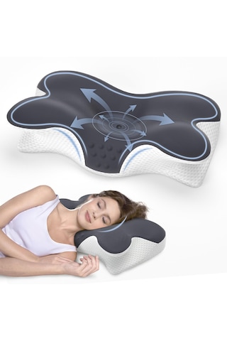 Shufa Kelebek Tasarımlı Ortopedik Boyun Destek Yastığı Yavaş Yükselen Memory Foam Ergonomik Uyku Yastığı Beyaz - Gri