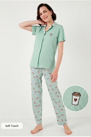Lela Regular Fit Gömlek Yaka Kısa Kollu Bayan Pijama Takımı 65740102 Mint-Bej