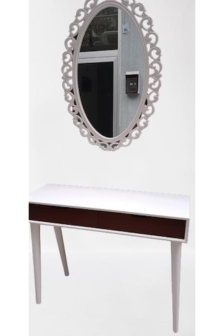 Dresuar Ahşap Kayın Retro Ayak Çift Çekmece Motifli Ayna Beyaz Ceviz El Yapımı Beyaz