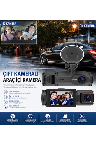 Nıvego Çift Kameralı Araç İçi Kamera Full Hd 1080p, Wifi, Gece Görüş, 180 Geniş Açı, G-sensör, 64gb Destekli Dash Cam