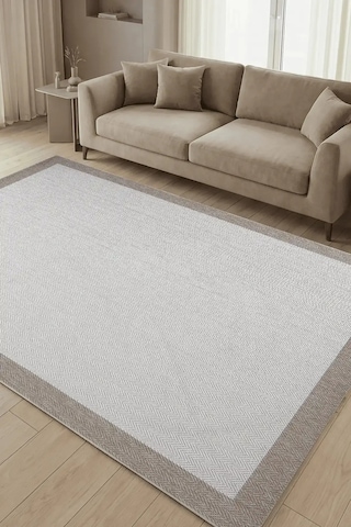 Hoom Rugs Lora 3204 Bej Çerçeveli Pamuk Taban Hav Toz Vermez Sisal Halı