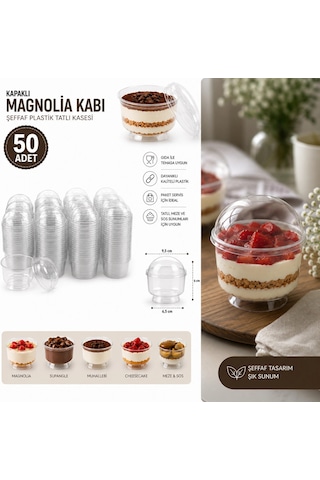 50 Adet Kapaklı Tatlı Kabı Magnolia Kasesi Şeffaf Plastik 200 Cc Magnolya Kase