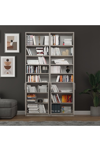 Asra Trend K-45 %100 MDF 120 cm 2 Modüllü Kapaklı Kitaplık Raflı Kütüphane Retro Taş