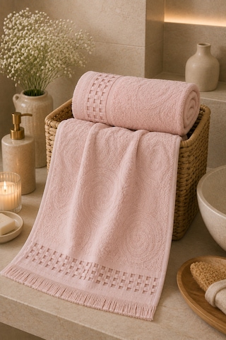Paisley Desenli Saçaklı 2 Li Baş Ve Banyo Havlusu Seti 50x90 + 90x150 Cm - Pudra