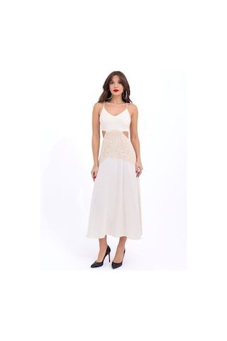 Fashion Cocktail Dantel Pencere Dekolte Bel Askılı Diz Altı Sırt Korseli Korse Keten Askılı Yazlık Elbise Bej
