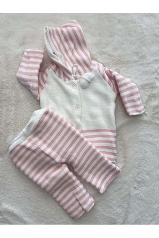 Örgü Kapşonlu Çizgili Çift Kat Hırka Gri