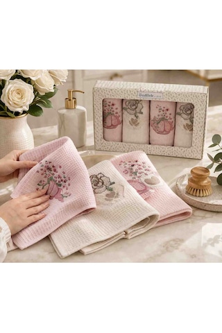 Özdilek 4 Lü Mutfak Havlusu 30x60 Cm %100 Pamuk Nakışlı Set Yumuşak Emici Şık Tasarım 4 Renk