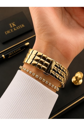 Dice Kayek Premium Vintage Kadın Kol Saati Gold Çelik Kordon 5 Atm Su Geçirmez Bileklik Hediyeli D20 Sarı