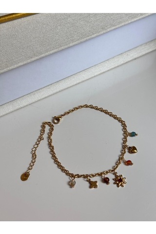 Renkli Taşlı Çiçek Kalp Figürlü Altın Renk Charm Kadın Halhal Altın