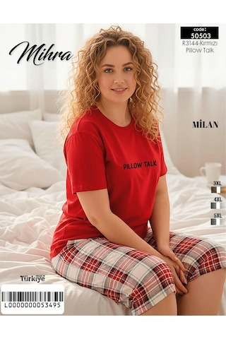 Mihra Kadın Milan Büyük Beden Bisiklet Yaka Kısa Kol Kapri Pijama Takımı 50503k - 1 Adet Kırmızı