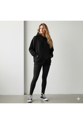 Maki Home Makiteks Siyah Pamuklu Unisex Cepli Kapüşonlu Rahat Kesim Fit Body Baskılı Sweatshirt SiYAH
