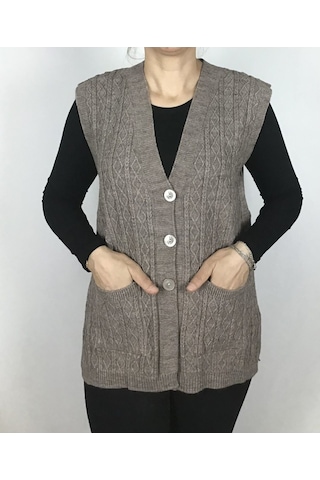 Önü Düğmeli Cepli Yünlü Kısa Anne Yelek Vizon