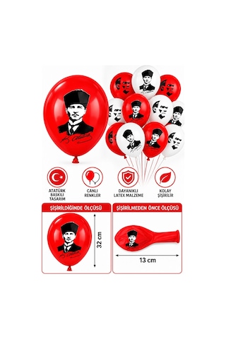 Atatürklü Balon 20 Adet Ata Balon Süsleme 29 Ekim 23 Nisan Kırmızı Beyaz Balon Bayrak Balon Bayram Beyaz - Kırmızı