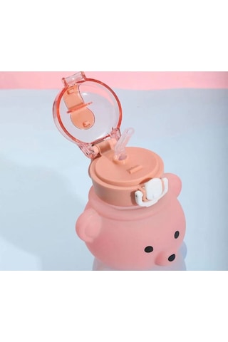 Ayıcıklı Bardaklı Pipetli Matara 750 Ml Smile Okul Su Şişesi Çocuk Suluk Pembe Plastik Diğer