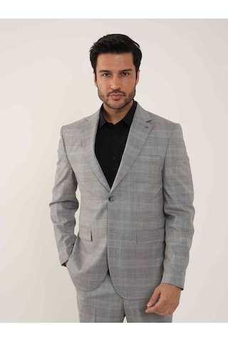 Dufy Gri Erkek Slim Fit Ekose Desenli Mono Yaka Takım Elbise - 95012-gri Gri