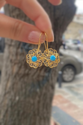 Gümüş Telkari Mavi Taşlı Gül Anne Küpesi Tk23e238 Diğer