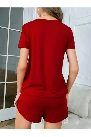 Reka Moda Kadın Kısa Kollu Bisiklet Yaka Baskılı Viskon Bluz Ve Şort Ikili Takım Kırmızı