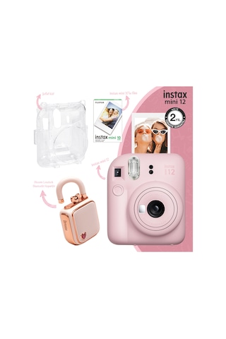 Instax Mini 12 Fotoğraf Makinesi + 10'lu Film + Şeffaf Kılıf + Divoom Love lock Mini Bluetooth Hoparlör
