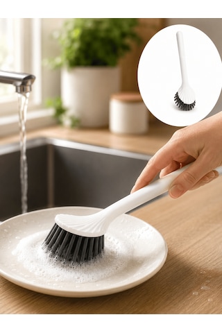 Beylini Tezgah Üstü Silikon Uçlu Bulaşık Yıkama Fırçası Çizdirmez Lavabo Tezgah Üstü Tabak Bardak Banyo Fırça Beyaz