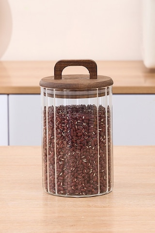 Qerhome Borosilikat Cam Optik Çizgili Akasya Kapaklı Kavanoz Zahire 2450 Ml Şeffaf