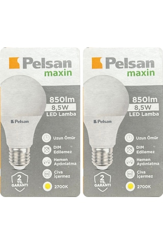 2 Adet Pelsan 8,5w 2700k Sarı Işık E27 Duylu Kalın Duy Led Ampul